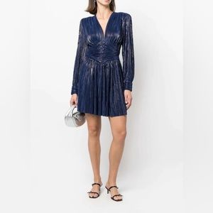 Sabina Musayev Puff-sleeve Pleated Metallic Blue Mini Dress | Size Small